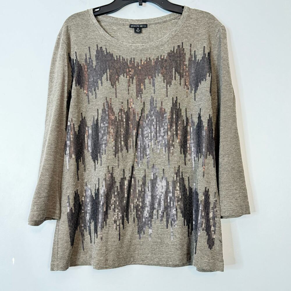 Lafayette 148 New York Women's Gray Sequin 3/4 Sleeve Top Size Medium Elegant